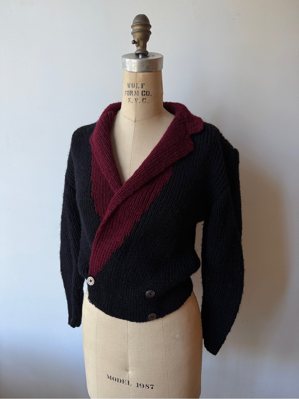 Rare Vintage Ralph Lauren Wool Puffed Sleeve Black & Burgundy Cardigan